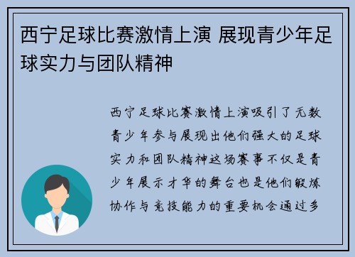 西宁足球比赛激情上演 展现青少年足球实力与团队精神