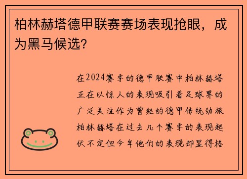 柏林赫塔德甲联赛赛场表现抢眼，成为黑马候选？