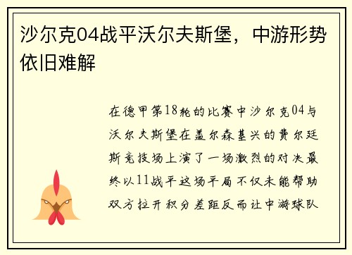沙尔克04战平沃尔夫斯堡，中游形势依旧难解