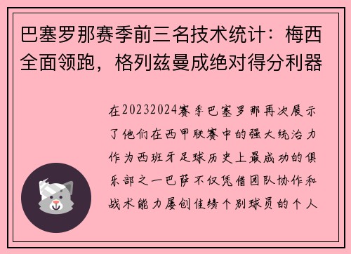 巴塞罗那赛季前三名技术统计：梅西全面领跑，格列兹曼成绝对得分利器
