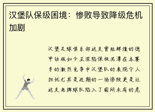 汉堡队保级困境：惨败导致降级危机加剧