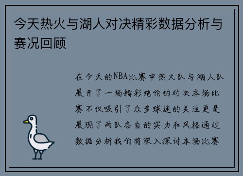 今天热火与湖人对决精彩数据分析与赛况回顾