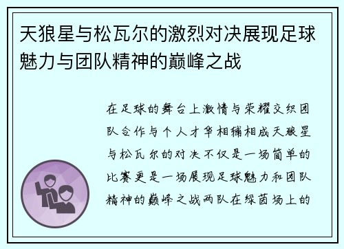 天狼星与松瓦尔的激烈对决展现足球魅力与团队精神的巅峰之战
