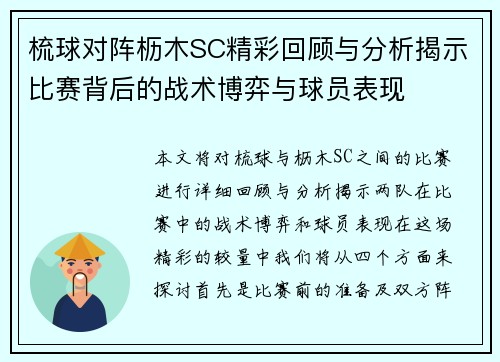 梳球对阵枥木SC精彩回顾与分析揭示比赛背后的战术博弈与球员表现