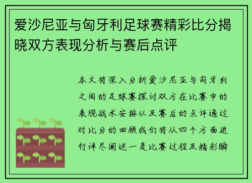 爱沙尼亚与匈牙利足球赛精彩比分揭晓双方表现分析与赛后点评