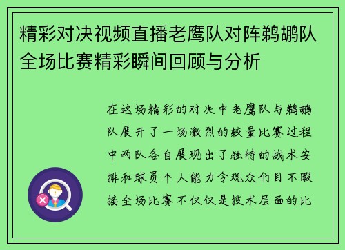 精彩对决视频直播老鹰队对阵鹈鹕队全场比赛精彩瞬间回顾与分析