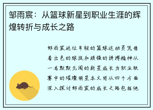 邹雨宸：从篮球新星到职业生涯的辉煌转折与成长之路