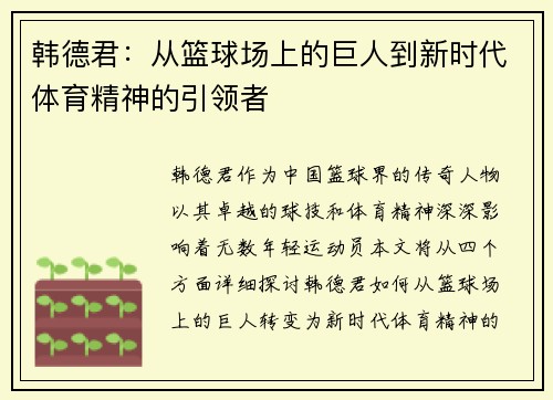 韩德君：从篮球场上的巨人到新时代体育精神的引领者