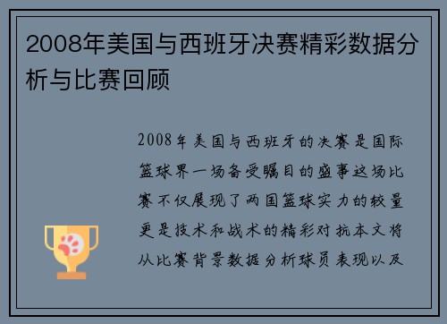 2008年美国与西班牙决赛精彩数据分析与比赛回顾