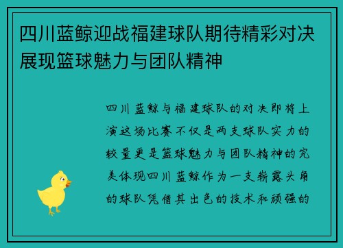 四川蓝鲸迎战福建球队期待精彩对决展现篮球魅力与团队精神
