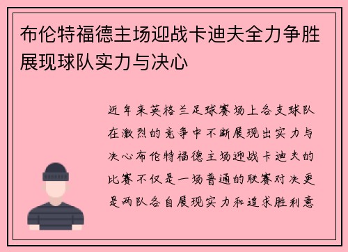 布伦特福德主场迎战卡迪夫全力争胜展现球队实力与决心