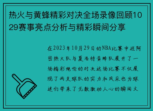 热火与黄蜂精彩对决全场录像回顾1029赛事亮点分析与精彩瞬间分享