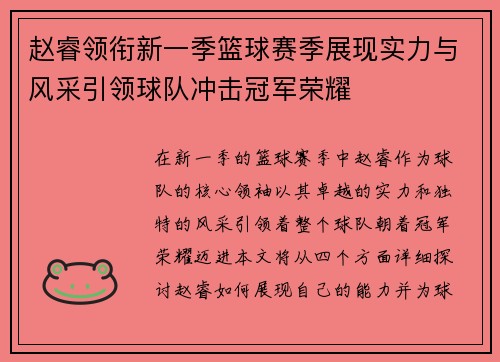 赵睿领衔新一季篮球赛季展现实力与风采引领球队冲击冠军荣耀