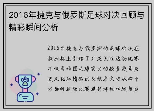 2016年捷克与俄罗斯足球对决回顾与精彩瞬间分析