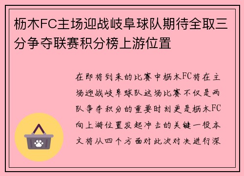 枥木FC主场迎战岐阜球队期待全取三分争夺联赛积分榜上游位置