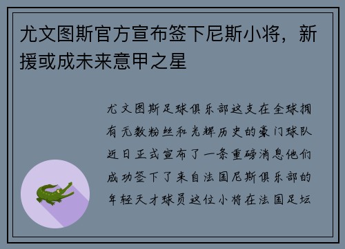 尤文图斯官方宣布签下尼斯小将，新援或成未来意甲之星