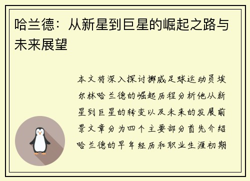 哈兰德：从新星到巨星的崛起之路与未来展望
