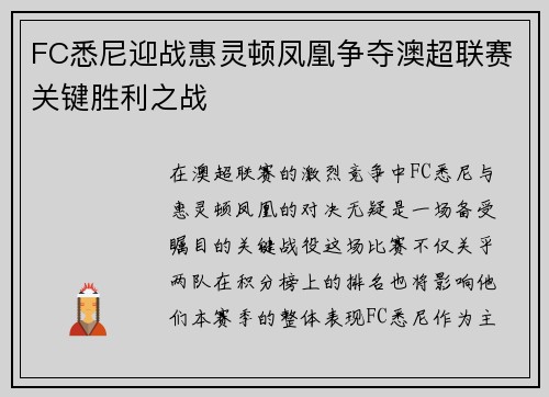 FC悉尼迎战惠灵顿凤凰争夺澳超联赛关键胜利之战