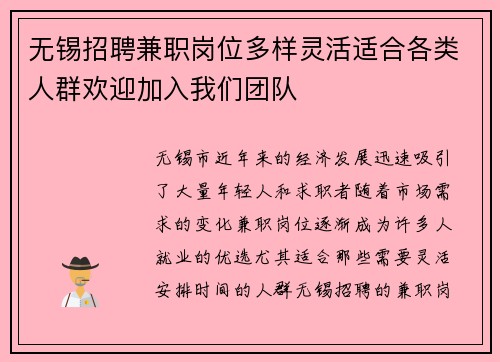 无锡招聘兼职岗位多样灵活适合各类人群欢迎加入我们团队